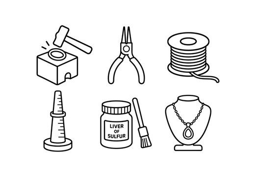Jewelry making tools icon set. bench block, pliers, spool of wire, mandrel, liver of sulfur jar, necklace display, metalsmithing supplies. line vector icon set.