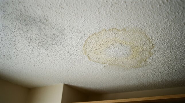 Large round water stain on textured ceiling caused by leakage from pipes or roof damage inside residential house.