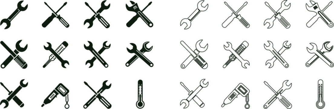 Tool set icons wrenches screwdrivers and thermometers vector illustration
