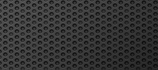 Perforated circular metal pattern embossed industrial gray. © Oleksii Bezrodnii