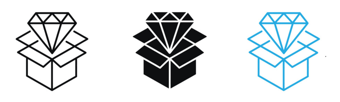 Diamond emerging from opened gift box icon set in black and blue vector illustration