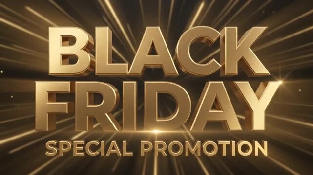 Golden black friday text with light rays and sparkles