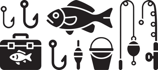 Fishing tackle box gear and equipment solid silhouette icon set vector © Open Expression