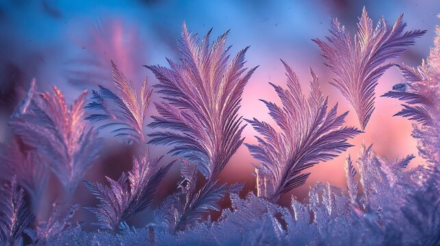 A close-up view of delicate frost formations in a serene winter landscape