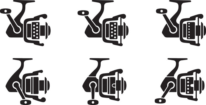 Fishing spinning reel black silhouette icon set vector