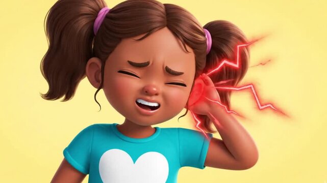Cartoon girl holding her ear in pain with lightning bolt effects