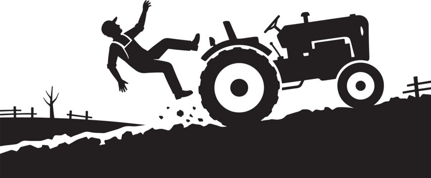 Farmer Falling Off Driving Agriculture Tractor Machine Silhouette. Farm Field Transport Accident, Rural Agricultural Machinery Hazard Vector Icon