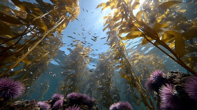 Vibrant underwater scene with sea urchins and kelp forest teeming with small fish