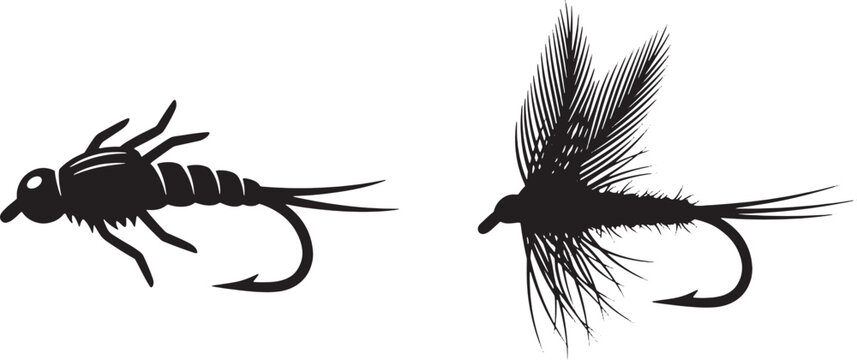 Fly fishing lure and artificial insect bait silhouette vector set