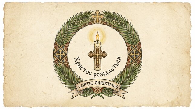 a circular template for coptic christmas featuring a hand-drawn border with palm leaves and a candle on a textured paper-like background