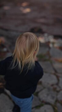 Toddler in sunlight collecting natural objects by trees