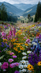 Obraz premium Beautiful alpine valley landscape with vibrant blooming wildflowers meadow against majestic mountains and pine forest in summer. AI generated