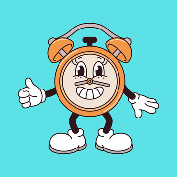 Retro Cartoon Alarm Clock Mascot Character in 1930s Rubber Hose Style Giving Thumbs Up, Vintage Morning Wake Up Concept Illustration