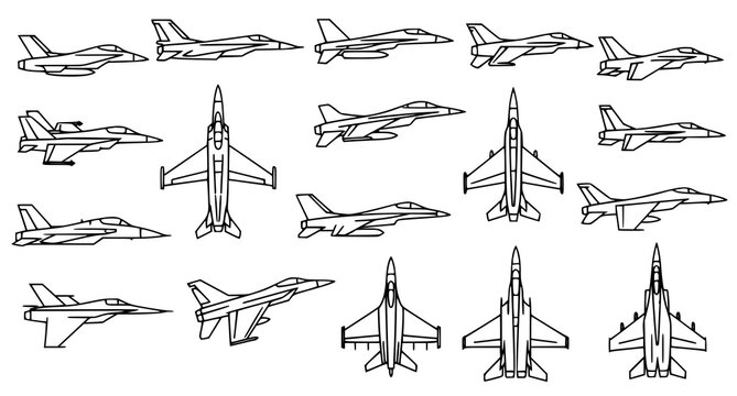 Collection of military fighter jets in various flight angles and top views isolated on white background for aviation and defense themed graphic projects