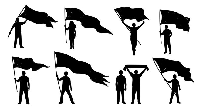 Collection of human silhouettes holding blank flags in protest or celebration vector illustration