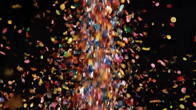 Explosion of Colorful Confetti Falling Against Black Background Celebration.