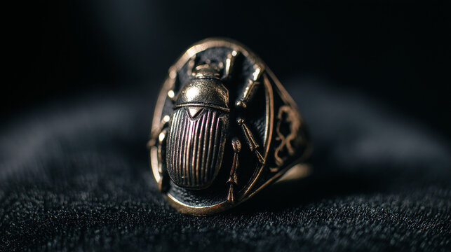 khepri. Ornate scarab beetle gemstone seal ring on black velvet with detailed carving. wildlife magazines, conservation campaigns, designed for eco-tourism storytelling, used by recruiters.