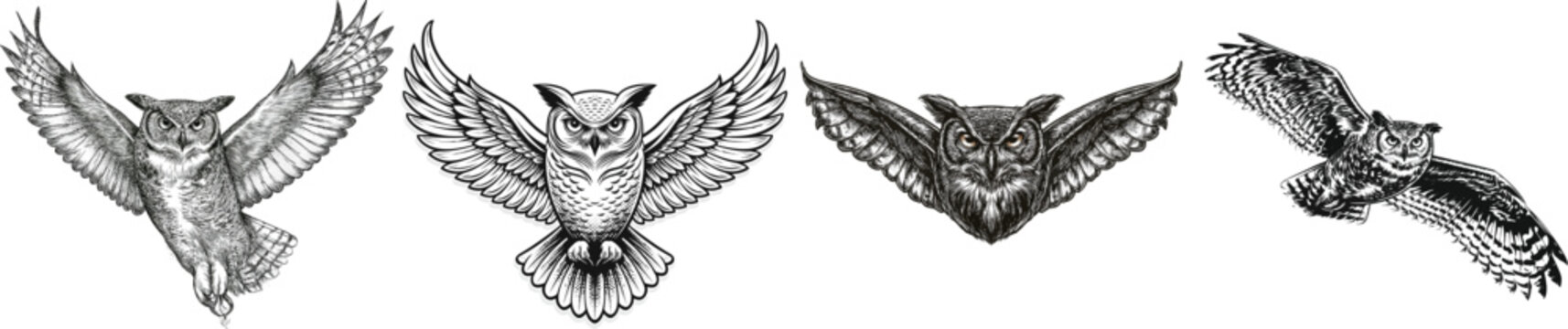 A majestic owl in mid-flight showcases intricate wing feather patterns against a stark white background, embodying the essence of a premium outdoor lifestyle brand with high-contrast halftone design