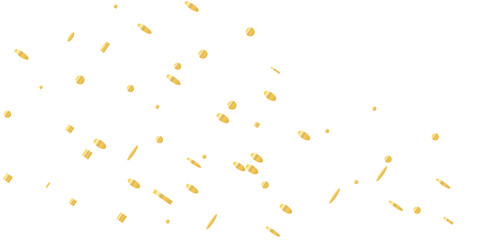 Fototapeta premium Sparkling golden confetti rain combined with swirling streamers on a pure white canvas, capturing the essence of celebration and elegance