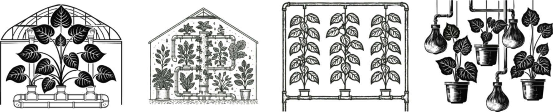 A bold linocut illustration of a modern vertical hydroponic farm inside an urban greenhouse showcases intricate details with heavy ink textures and crisp hand-carved leaf and pipe elements against a