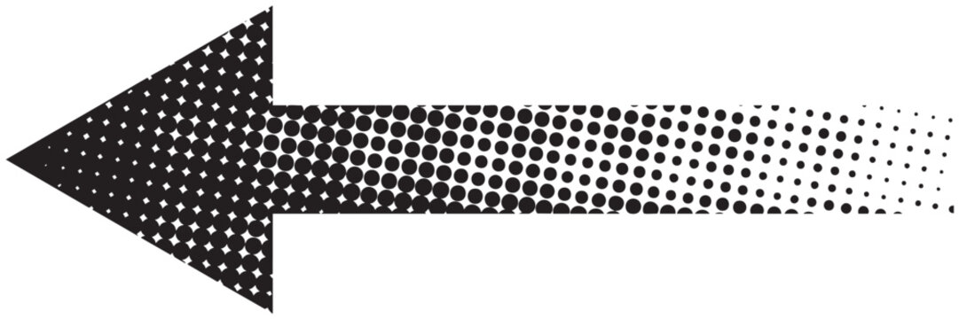 Dotted arrow symbol with vanishing effect isolated on white background. Direction, moving, download or next sign with polka dot print. Vector graphic illustrations.