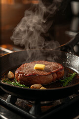 Fototapeta premium AI-generated juicy steak cooking on cast iron skillet with butter, garlic, thyme, and rosemary for perfect crust
