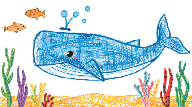Cute crayon drawing of a blue whale spouting water underwater with two orange fish and colorful coral on a sandy seabed.