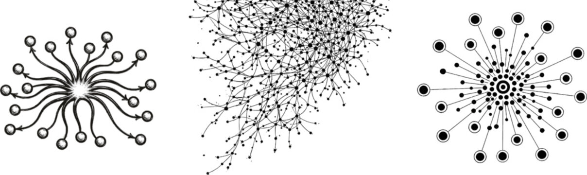 A technical blueprint schematic of a decentralized peer-to-peer file sharing protocol features encrypted packet paths connecting nodes on a crisp black line design with a solid white background