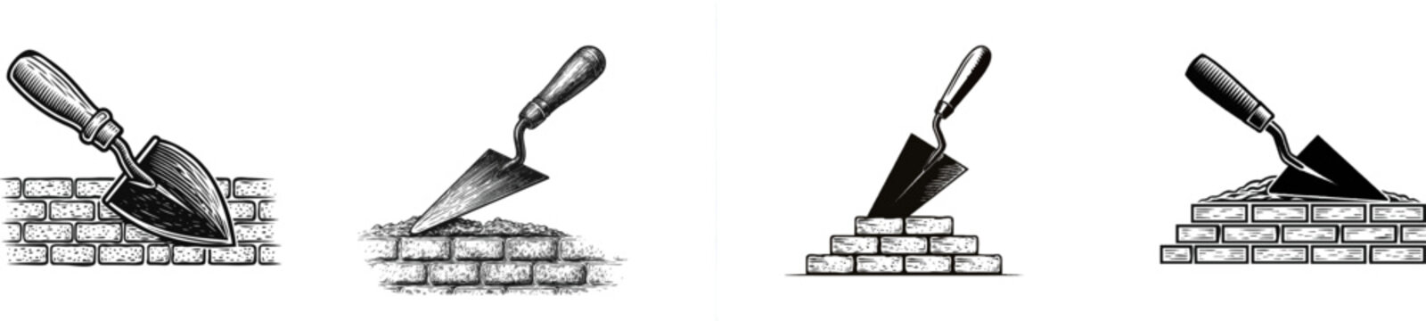 A traditional stone masonry trowel rests on a freshly laid brick wall in this bold black woodcut print, exuding craftsmanship and attention to detail