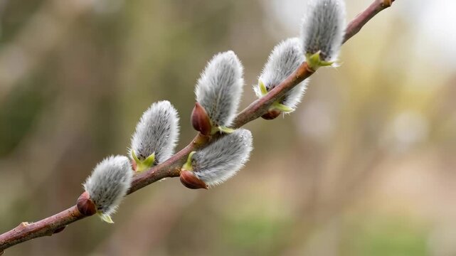 Close-up of pussy willow buds on a plant stem, delicate spring botanical detail with soft texture and premium floral appeal for seasonal searches, natural light, realistic textures, atmospheric depth,