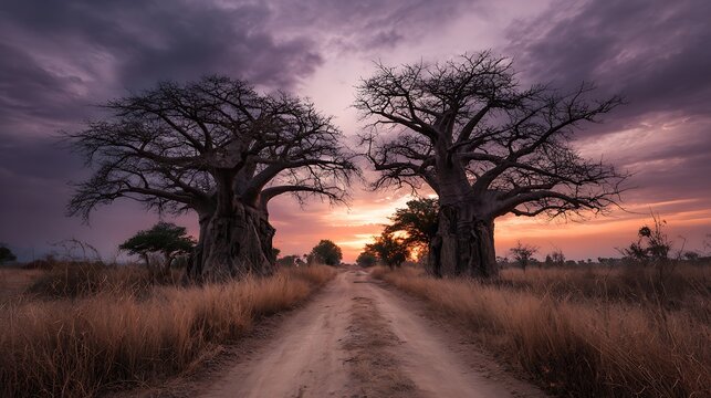 A dirt road lined with large trees and tall grass at sunset