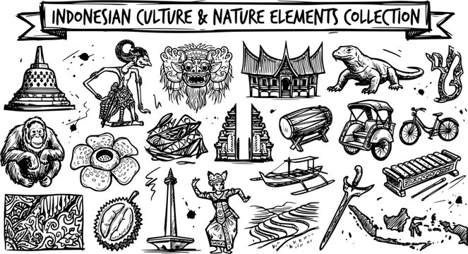 Hand Drawn Black and White Line Art Collection of Indonesian Culture and Nature Elements. Travel, Heritage  Wildlife Icons Set.