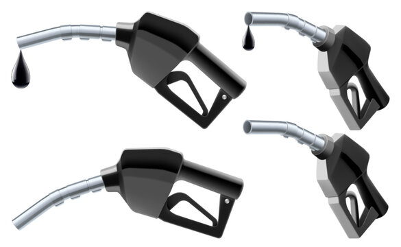 Set of Fuel guns with black drop of crude oil. Gasoline Transfer and Dispensing Fuel Nozzle Guns. Petrol Fuel pump, Gas Pump Guns isolated on white background. Realistic 3D vector illustration