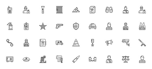 Police icon set. Law enforcement icons. Minimal line pack. Featuring walkie talkie, handcuff, gun, police car, criminal, and more. © wang