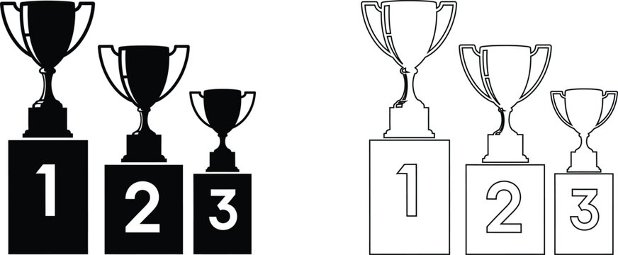 Trophy podium with three cups on blocks
