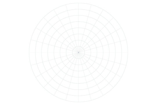 Blank polar coordinate system grid isolated on white background. Polar graph paper page template vector illustration. Radial line degree guide sheet worksheet for mathematics, radar and design.