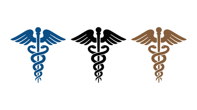 Three caduceus symbols in teal, black, and brown, minimalist medical design representing healthcare, healing, and professional balance