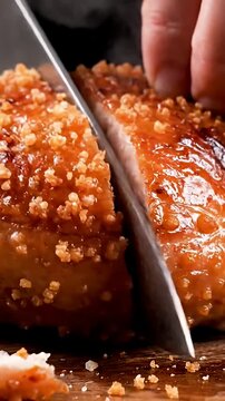Chef cutting through crispy fried pork belly skin.