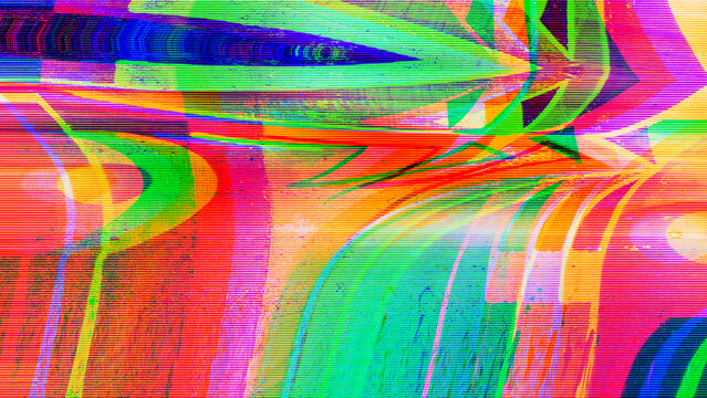 Neon glitch texture with scanline distortion and chromatic aberration artifacts. Abstract digital noise background with signal corruption for rave poster, club flyer, and electronic music design.