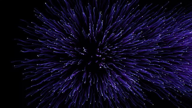 Abstract blue glitter optical line fiber wave with glowing particle blast on black background. abstract blue purple glitter particles of optical fiber, futuristic artificial intelligence network data.