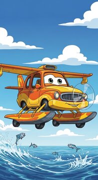 Bright orange floatplane flying over tropical waters.