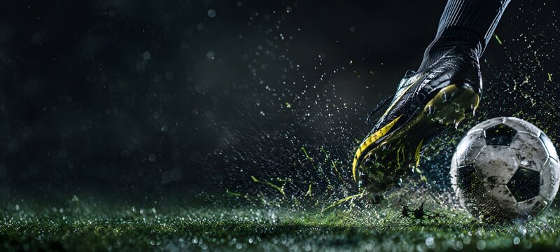Dynamic close up of a soccer player foot in a cleat striking a football ball on wet grass with splashes of water at night. Generative AI