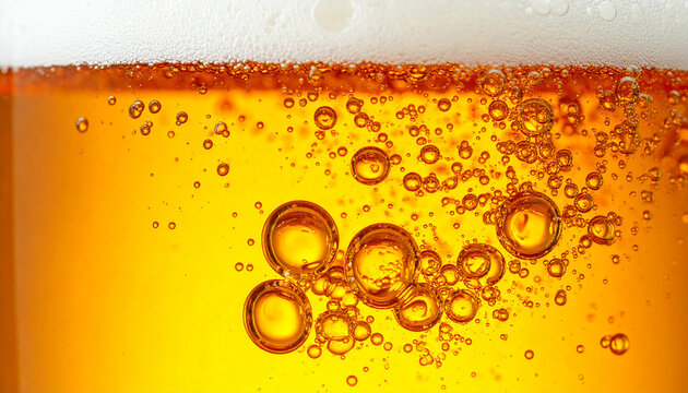Golden Elixir: A close-up shot of amber liquid with effervescent bubbles rising, hinting at a refreshing beverage.
