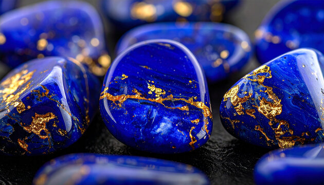 Lapis Lazuli Gemstones: Close-up of tumbled lapis lazuli gemstones, revealing their intense blue color and golden pyrite inclusions, arranged on a dark surface.