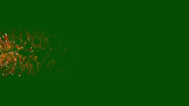 Colorful optical fiber particles with glowing energy dots flowing on green background. artificial intelligence network data, futuristic technology web and vibrant fibre optic light stream. 4k