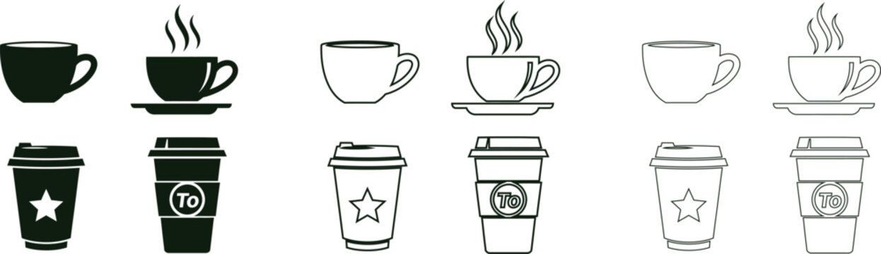 Collection of coffee cup icons in various styles and formats