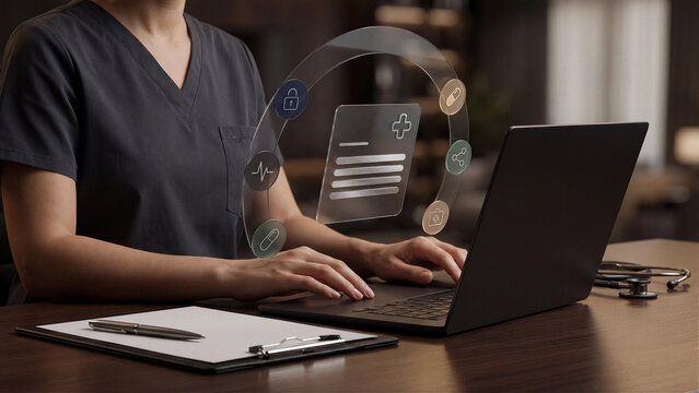 Digital medical record concept managing patient data through secure laptop healthcare technology online prescription tracking and information sharing for telemedicine and modern hospital