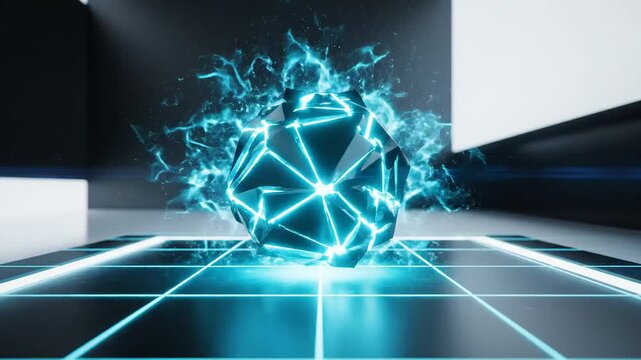 Abstract blue solar plasma energy sphere radiating power in a high tech laboratory setting with a neon grid platform