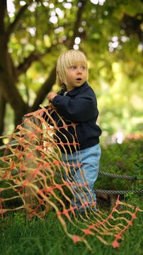 Small child wandering freely around sunlight and protective barriers