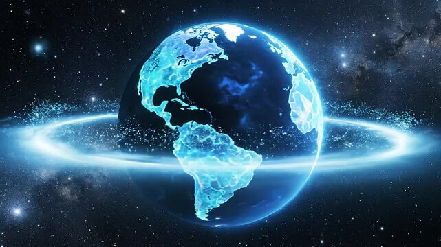 Planet earth surrounded by glowing blue solar plasma energy rings and nebular clouds in deep dark space illustration